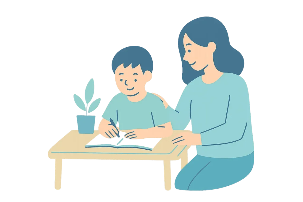 Ilustración de una psicóloga escolar acompañando a un niño con sus retos escolares.